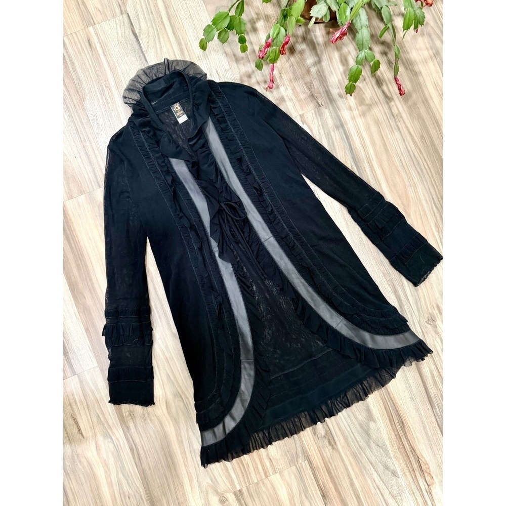 VTG Jean Paul Gaultier Leather Sheer Mesh  Cardigan WhimsiGoth Romantic Y2K Sz L - Picture 4 of 15
